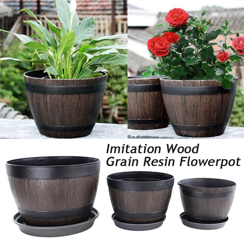 

Imitation Wooden Barrel Resin Flowerpot Creative Plastic Green Planting Flowerpot Home Office Garden Decor Flower Pot Planter