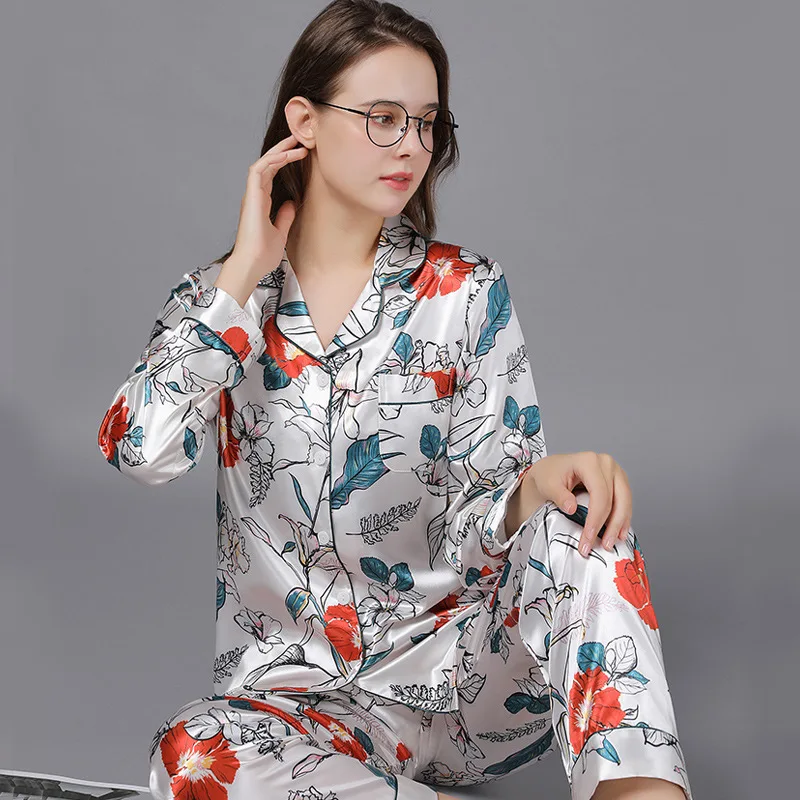 New Ice Silk Pajamas for Women Long Sleeve Thin Section Night Wears Two-piece Set Elegant Luxury Women Pajama Sets Free Shipping