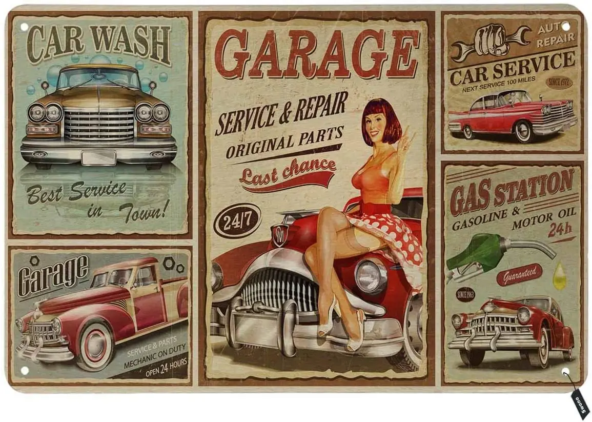 

Swono Car Service Garage Tin Signs,Car Wash and Gas Station Retro Poster Vintage Metal Tin Sign for Men WomenWall Decor for Bars