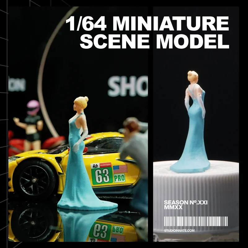 

1:64 синее вечернее платье, фигурка девочки, набор моделей, сцена, имитация персонажа, полимерная кукла для сцены, демонстрация DIY