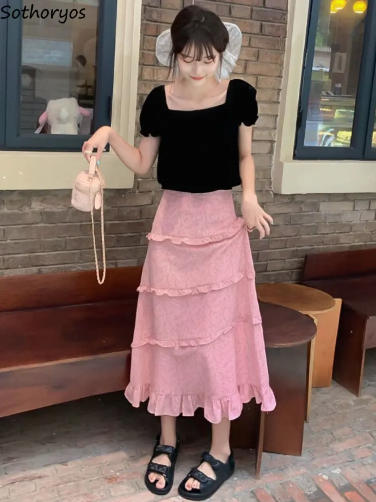 

Женские комплекты с юбкой, милые элегантные футболки с оборками, простые женские аксессуары для отпуска в Корейском стиле, универсальные Летние повседневные