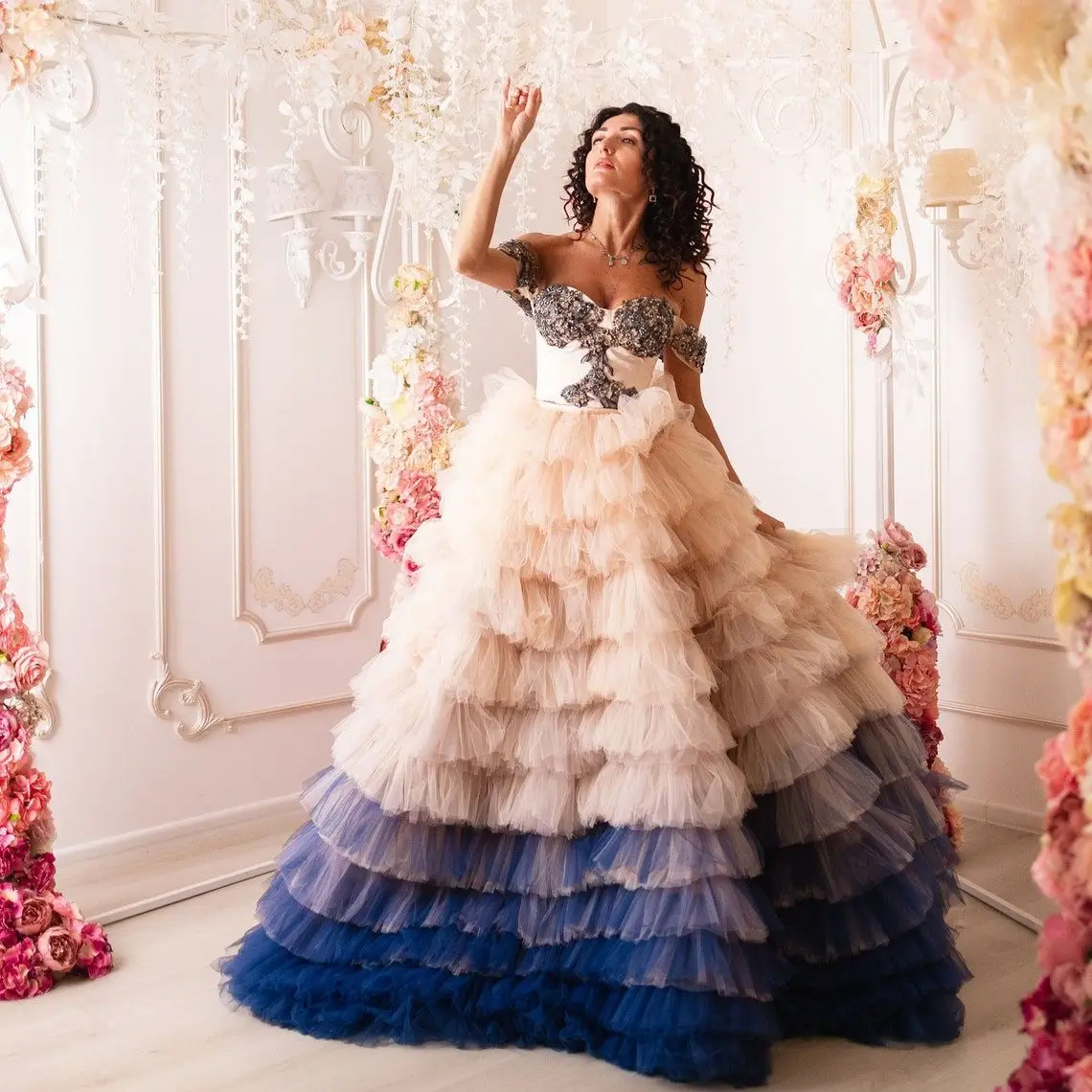 

Vintage Evening Dresses Layered Tulle Ruffle Prom Gowns Off the Shoulder Beading Party Dress vestido de novia