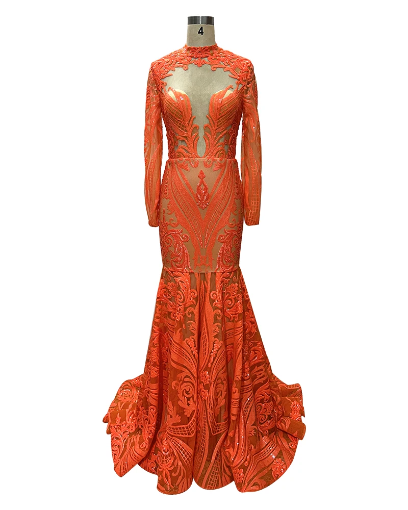 

Sexy Illusion Evening Gowns Custom Made High Neck Long Sleeve Satin Formal Evening Dresses