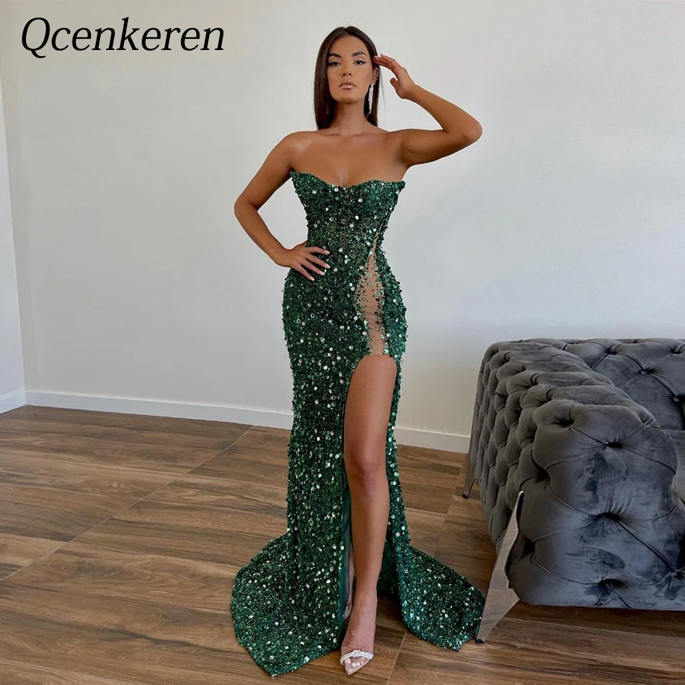 

Custom Sexy Strapless Sleeveless Evening Formal Sheath Bespoke Occasion A-Line High Split Dresses Floor-Length Party Women Gowns