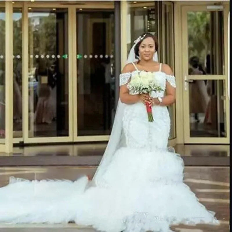 

African Appliques Cap Sleeves Lace Mermaid Wedding Dresses Puffy Tulle Long Custom Made Plus Size Sexy Bridal Gowns