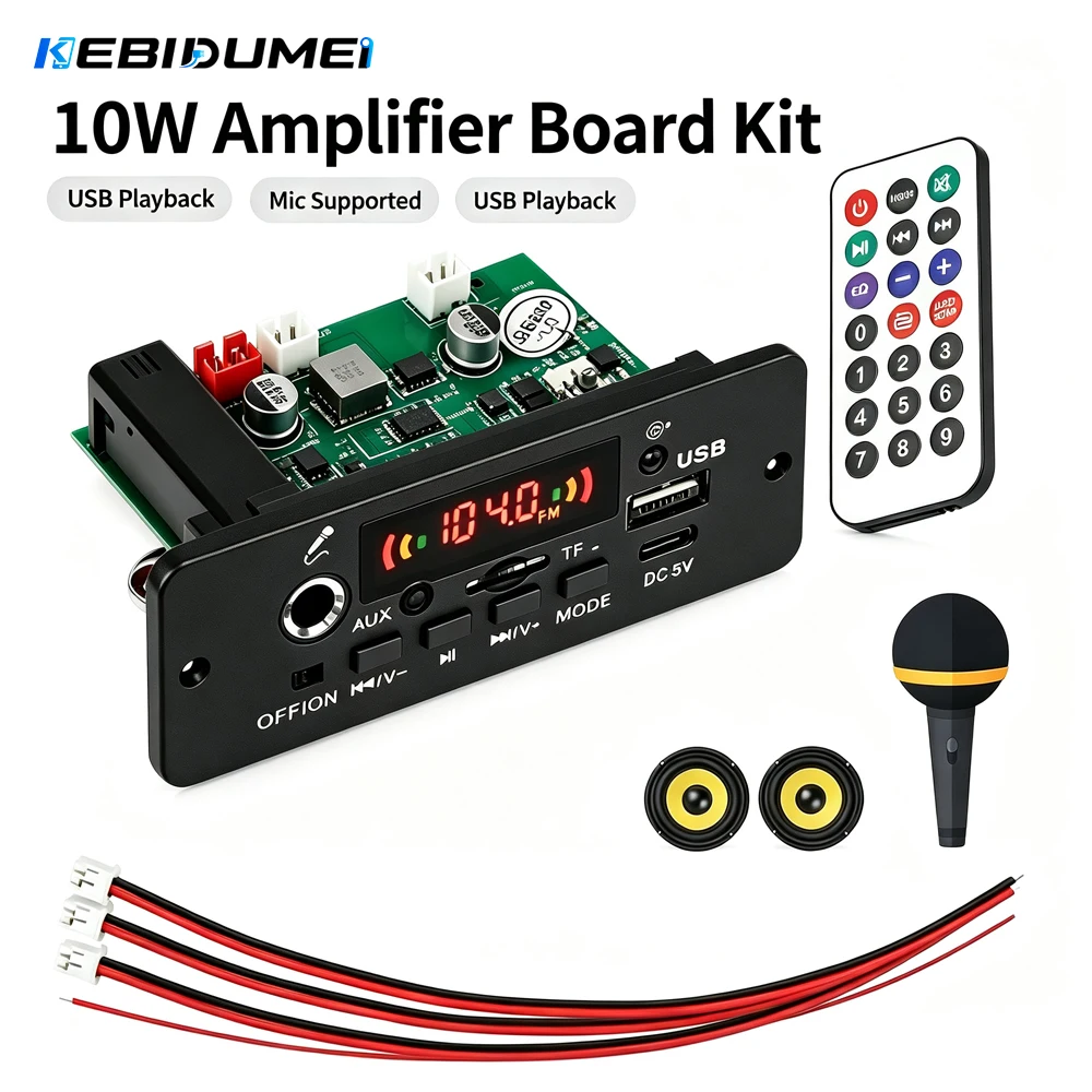 Фото Цифровой усилитель KEBIDUMEI 10W, плата декодера MP3, DC 5V, Bluetooth, FM, поддержка микрофона, автомобильный MP3-плеер с пультом дистанционного управления №1
