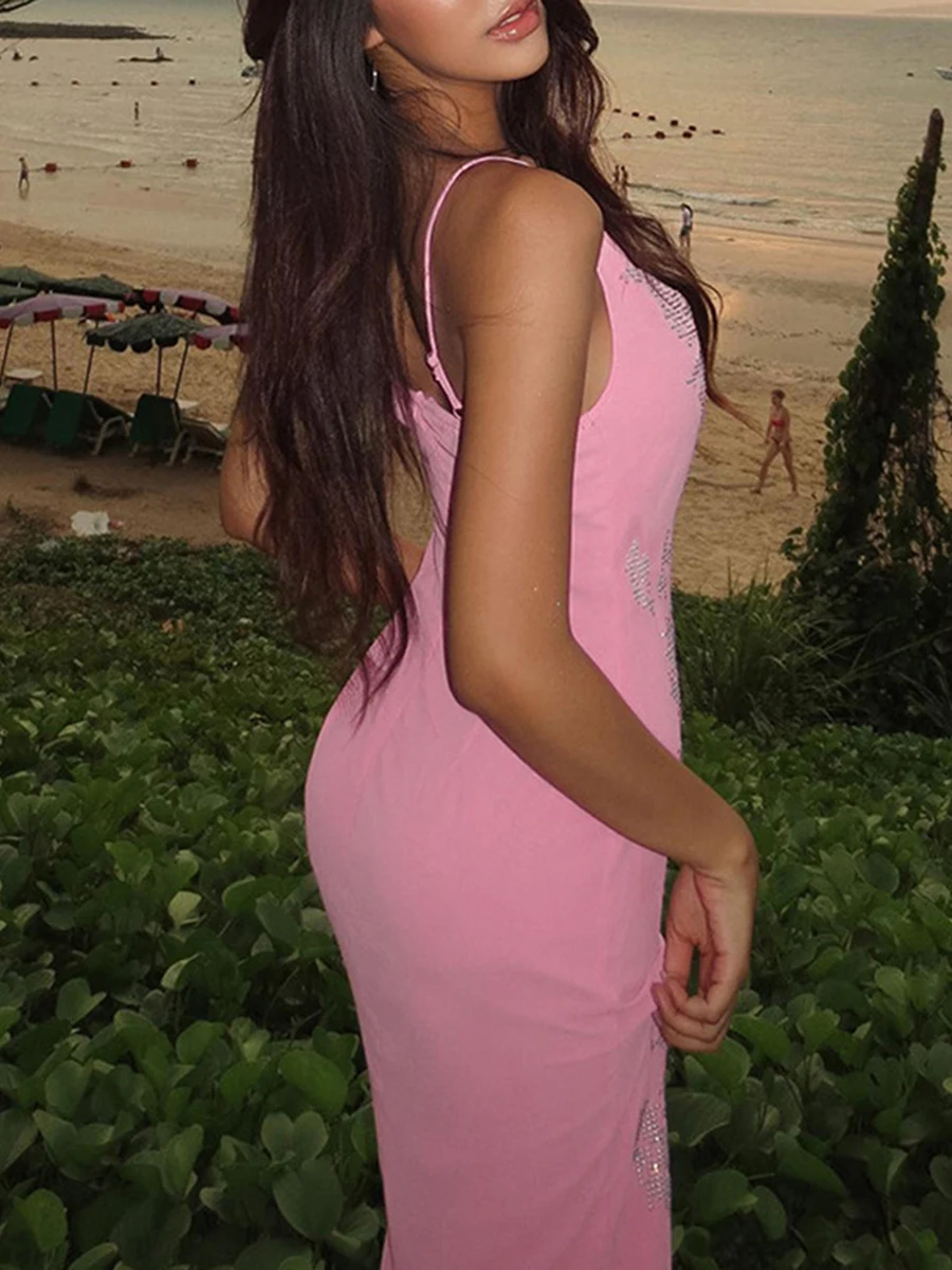 

Scriardv Women Y2k Summer Midi Dress Glitter Rhinestone Sleeveless Spaghetti Strap Ruffle Hem Dress Beachwear