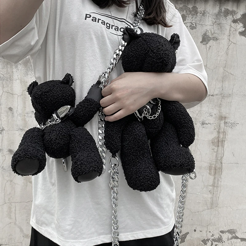 

Luxury Designer Handbag For Women 2022 Fashion Girls Cute Black Plush Doll Bear Purse Chain Zipper Casual Crossbody Shoulder Bag