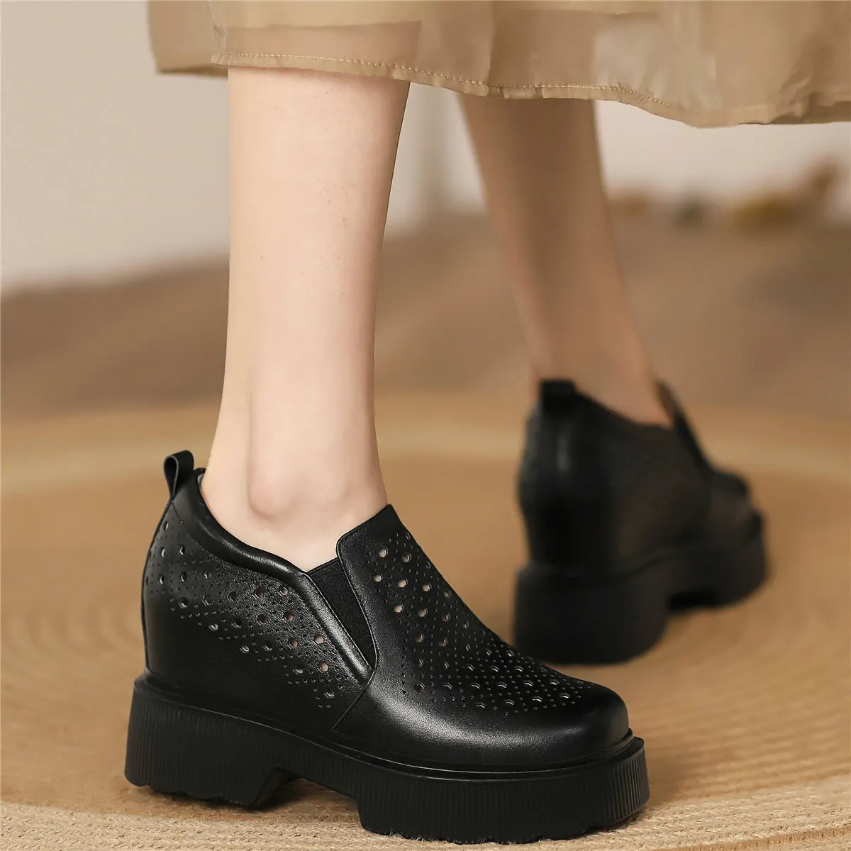 2022 Fashion Sneakers Women Slip On Genuine Leather High Heel Ankle Boots Female Summer Square Toe Platform Pumps Casual Shoes