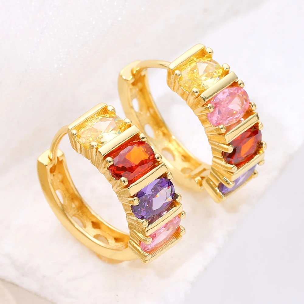 

Juya Handmade 18K Real Gold Plated Luxury Rainbow Cubic Zirconia Hoop Earrings For Women Bridal Evening Party Jewelry Supplies