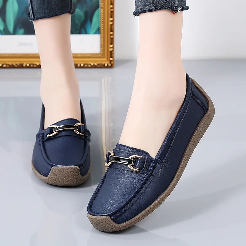 Womens Office Metal Bar Loafers Navy Blue Leather Flats Shoes Women's Modern Classics Loafer Ladies Cutout Flat Nurse Shoes 2023