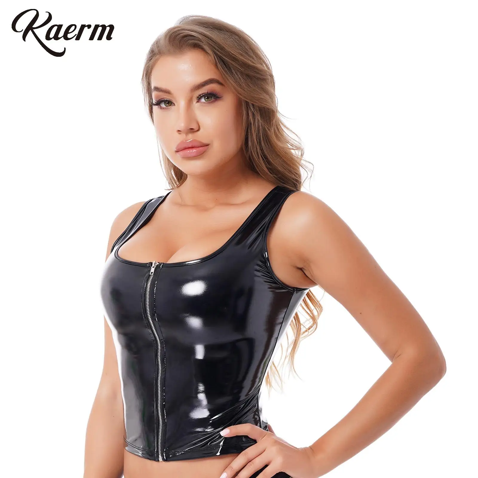 

Womens Wetlook Full Zip Up Patent Leather Tank Top Wide U Neck Vest Tube Top Pole Dance Rave Party Dancewear Club Costume