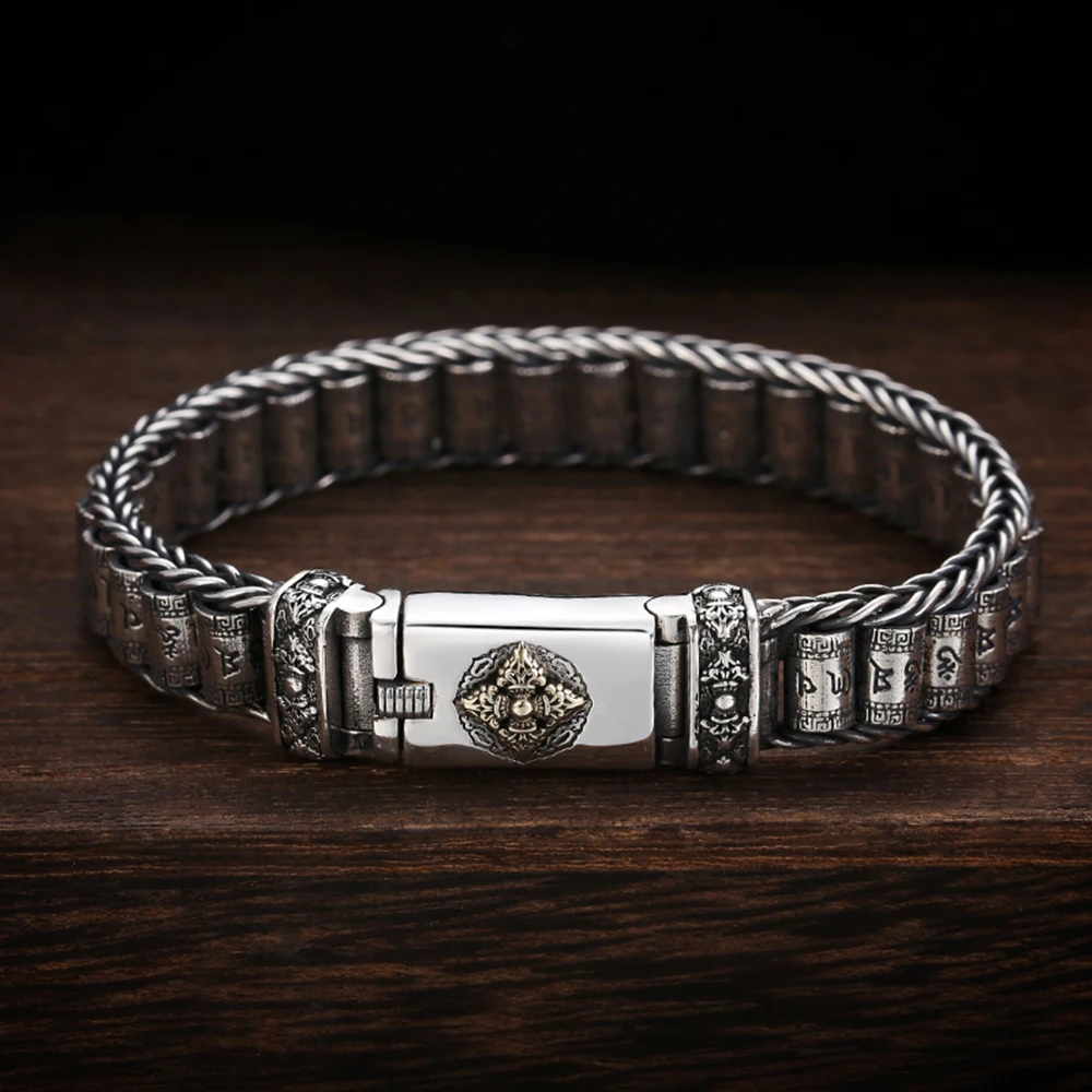 

Real S925 Sterling Silver Man Bracelet Lucky Six-word Motto Tube Bead with Bless Vajra Bracelet