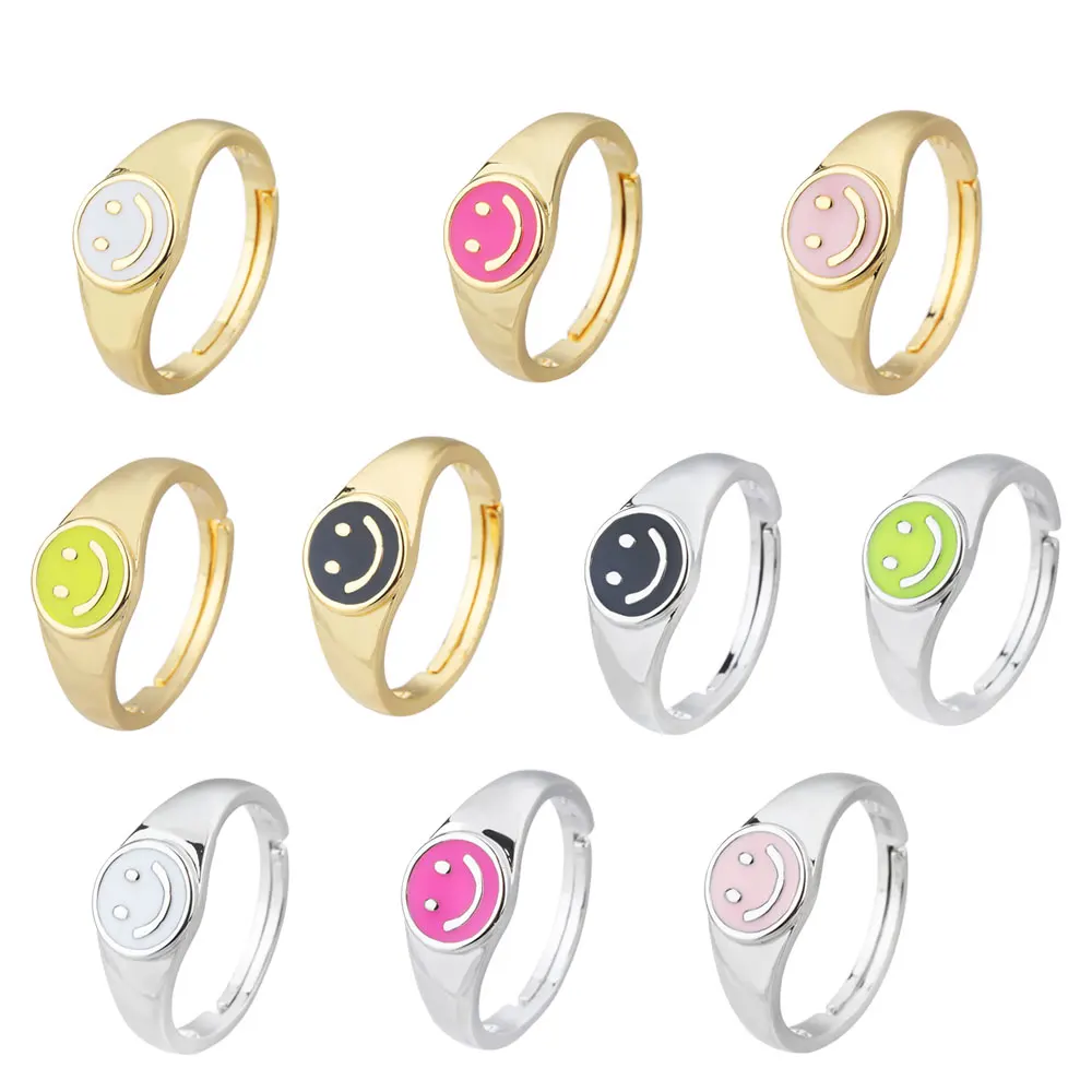

Cute Round Shape Opening Face Rings for Women Fashion Child Birthday Gift Popular Colorful Candy Enamel Metal Adjustable Ring