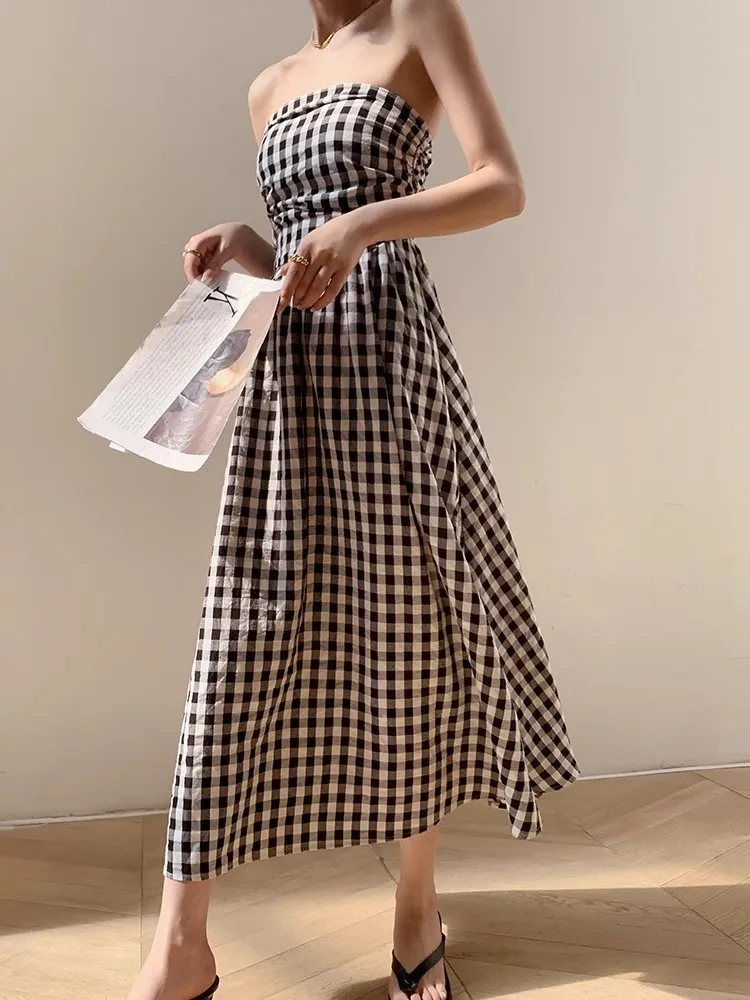 Черно-белое клетчатое платье без бретелек для женщин Летнее приталенное