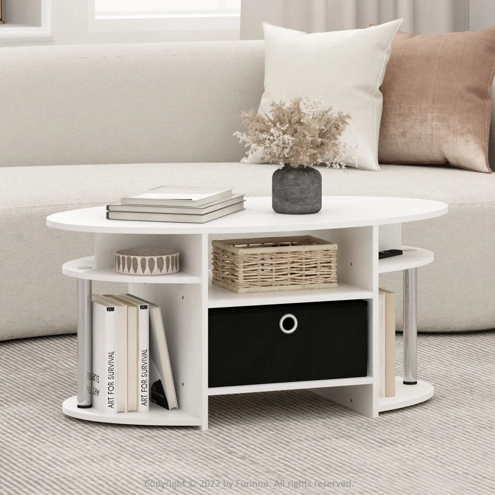 

Furinno JAYA Simple Design Oval Coffee Table with Bin, White Oak, Stainless Steel Tubes Coffee Tables Living Room