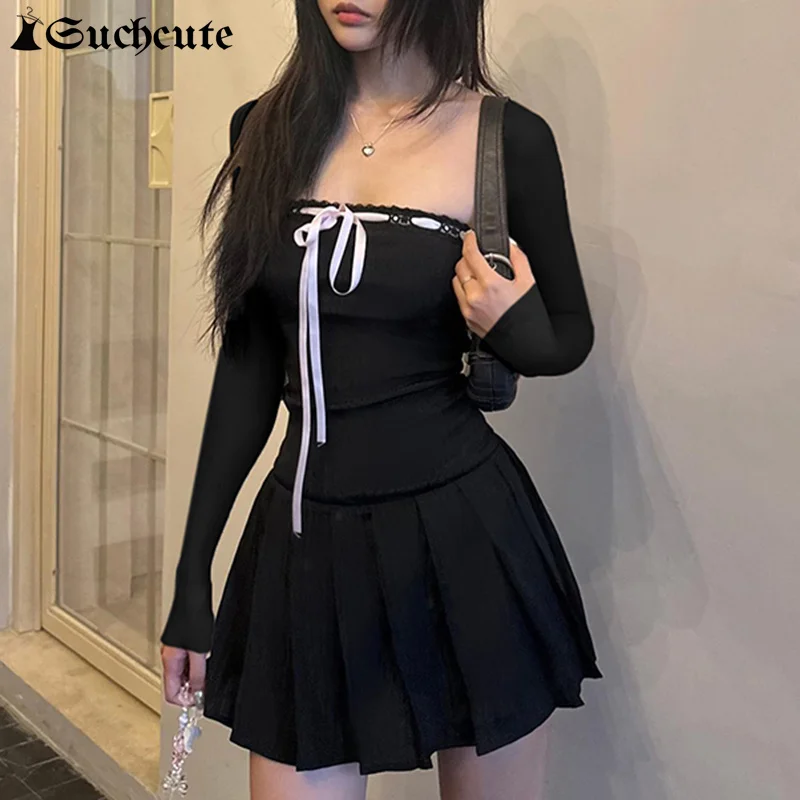 SUCHCUTE милое мини-платье с кружевной отделкой и бантом корейское модное осеннее
