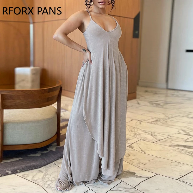 

Women Chic Solid Spaghetti Straps V Neck Asymmetrical Red Pants Sets