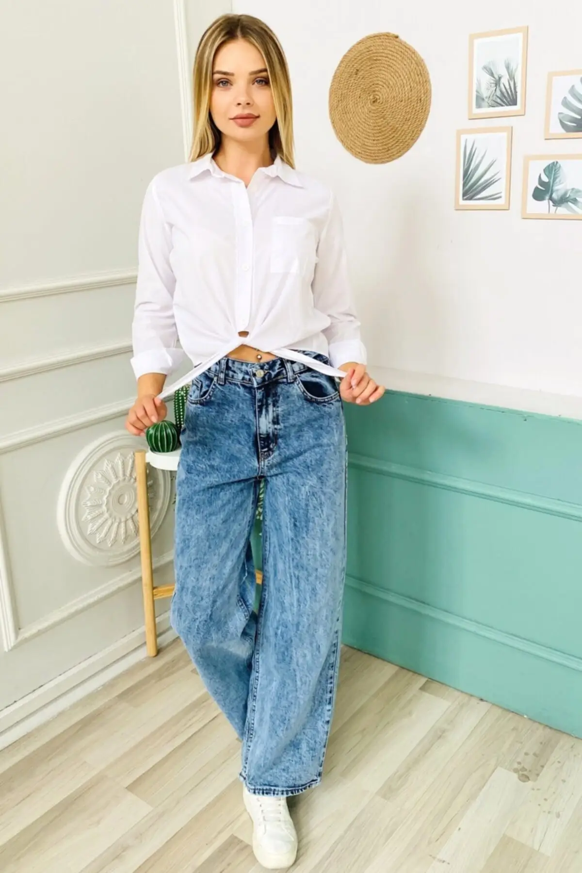 

Women's Jean Blue Trousers Full Length High Waist Straight Pant Streetwear Female Jeans Buttons Zipper Ladies