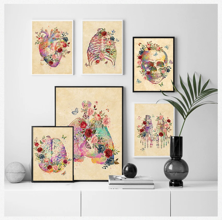 

Canvas Painting Nordic Posters And Prints Wall Pictures For Living Room Decor Brain Heart skull Flower Anatomy Vintage Wall Art