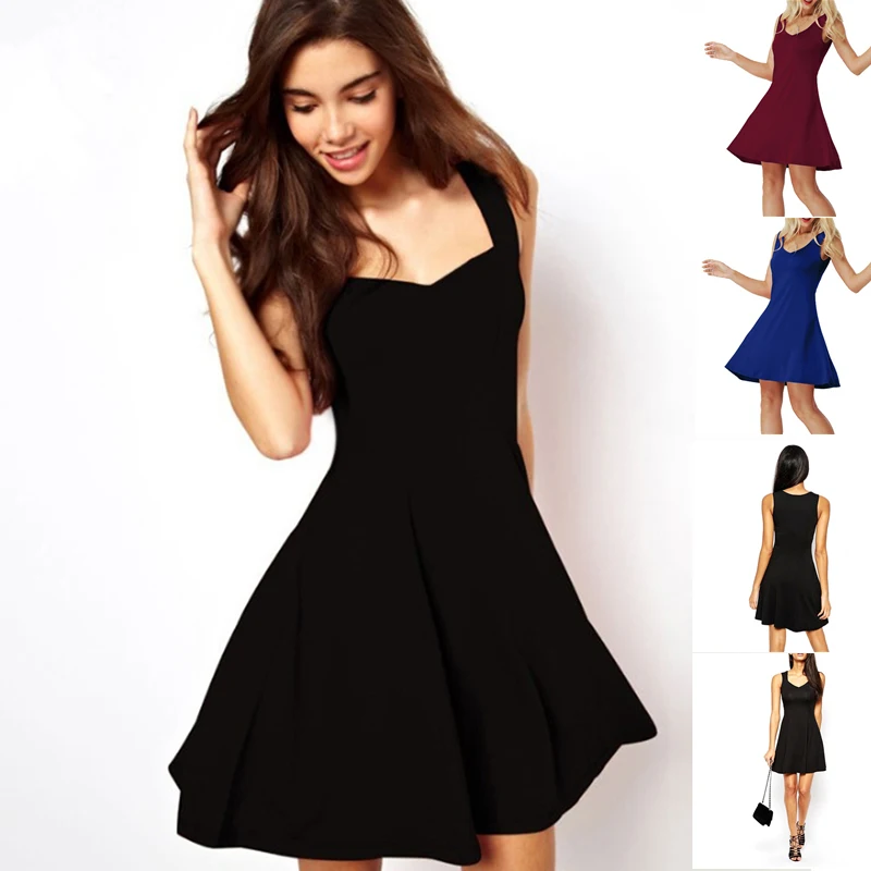 

2021 Fashion Vintage Dresses Casual Elegant Women Summer Dress Sleeveless V-Neck Knee-Length Dress Beach Party Skater Dress