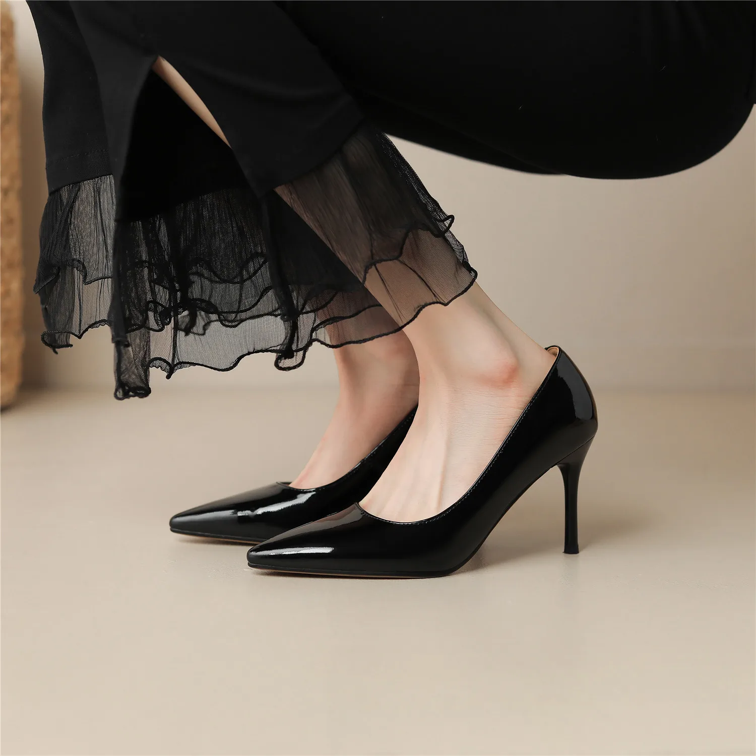 Women Patent Leather Pointed Pumps Toe Thin High Heels Office Wedding Shoes Spring Autumn Sexy Handmade Shoes Big Size 46 47