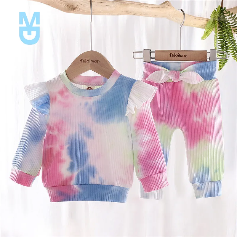 

New 1-4Years born Infant Baby Girls Clothing Sets Ruffles Long Sleeve Tie Dye Tops T-shirts+Pants Fashion Children Girls Clothes