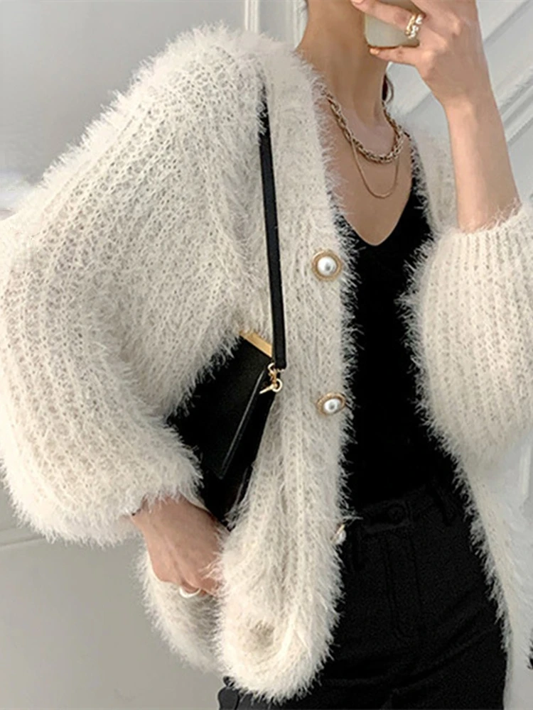 

New 2022 Elegant Lady Mohair Cardigans Weed Fashionable Oversized Knitwear Women's Autumn Winter Sweaters SWC3379