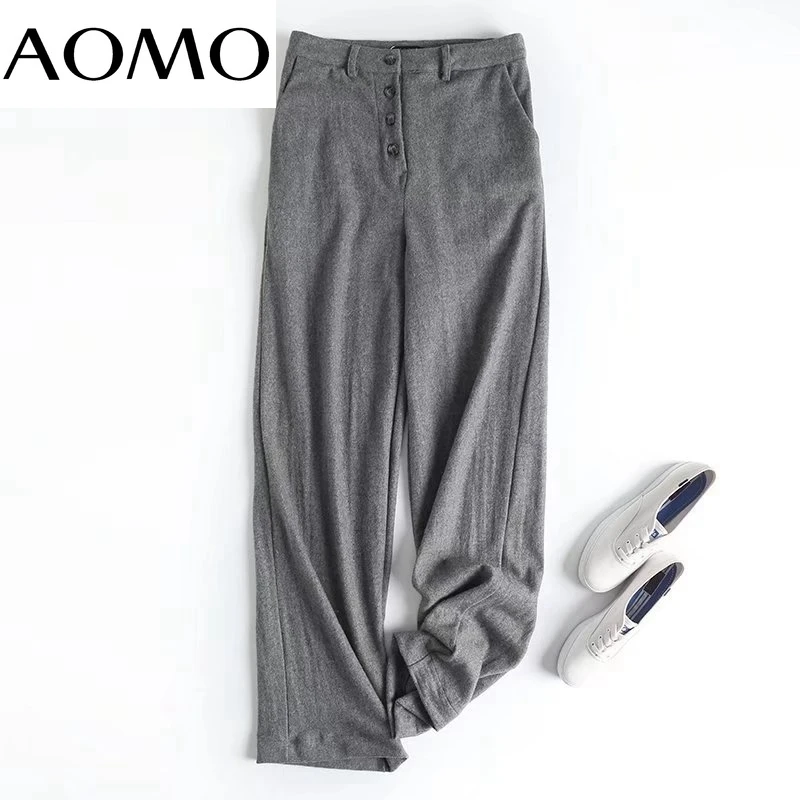 

AOMO 2021 Autumn Winter Women Gray Knit Suit Pants Trousers Pockets Office Lady Elegant Pants Pantalon 4C229A