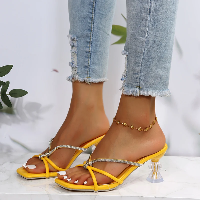 

Sexy Women Pumps Fad Crystal Slippers 2022 New Summer Shoes Dress Party Square Toe Sandals Chunky Flip-flops Slides Women Shoes