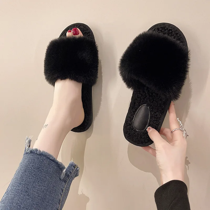 2022 осень зима Модные пушистые тапочки новые женские меховые уличные джинсовые