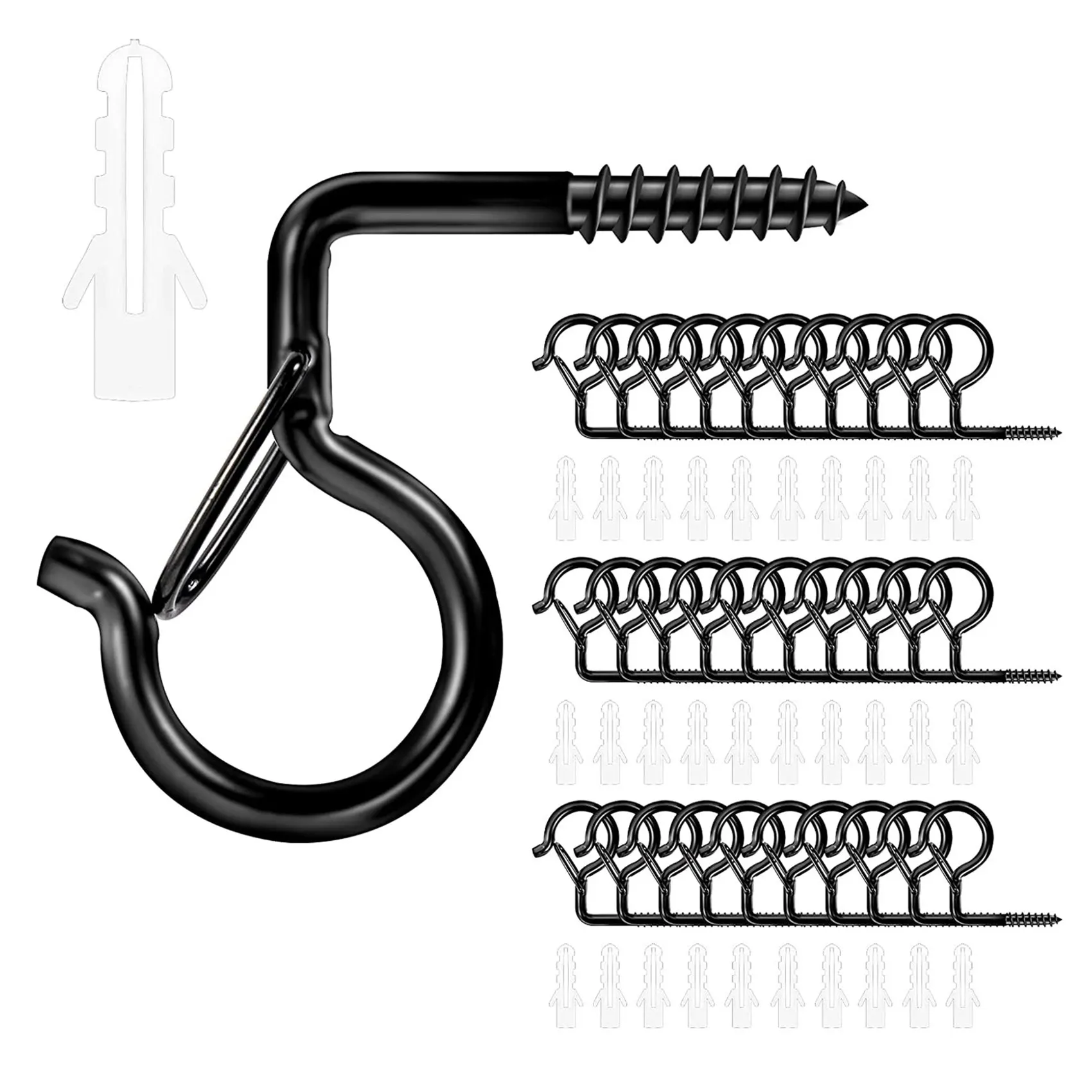 

30Pcs Hook with Safety Buckle, Windproof Screw Hook, Hook for Hanging Plants, Garden Light, Black