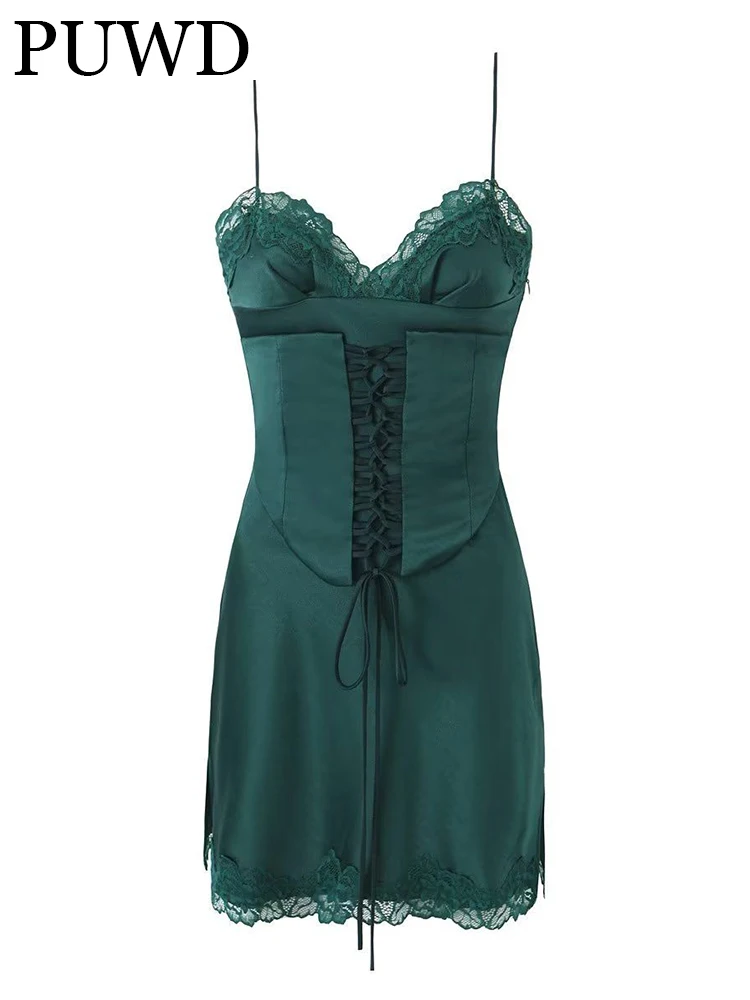 

PUWD Women Lace Patchwork Slip Dress 2023 Summer Retro Ladies Drawstring Backless Sleeveless Bottoms Female Solid Color Dress