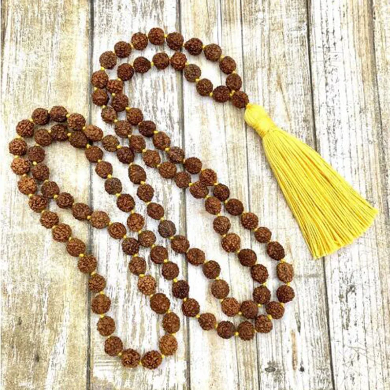 

Rudraksha Seed 108 Guru Hand-knotted Meditation Mala with Yellow Tassel Japa Mala Traditional Mala Prayer Beads Necklace