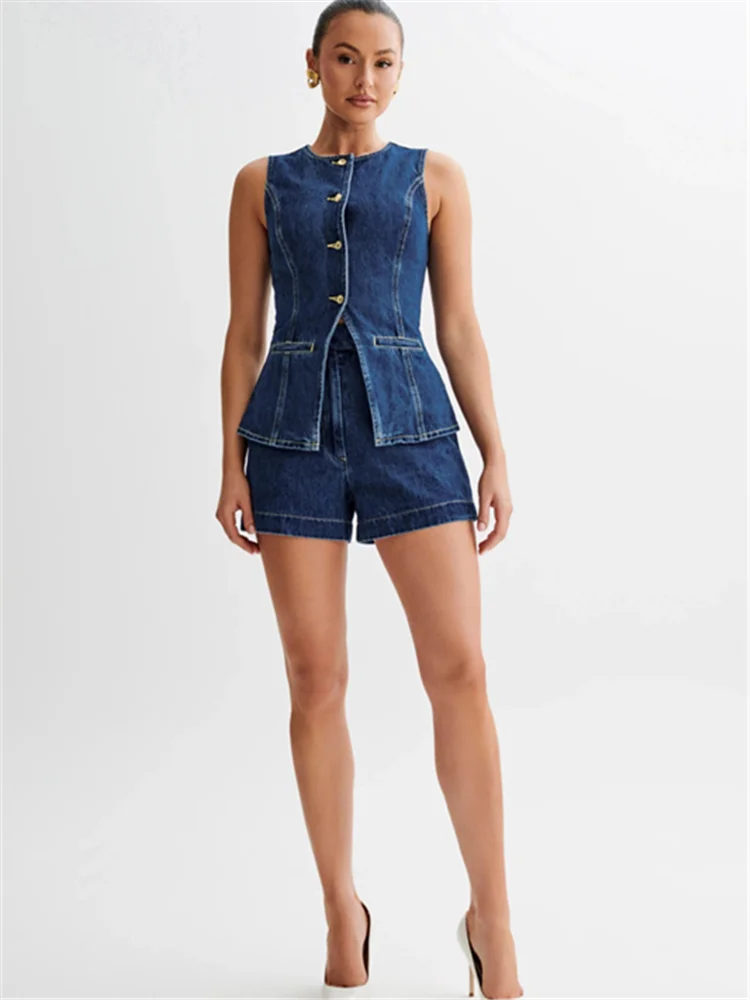 Женский джинсовый костюм без рукавов повседневный комплект из двух предметов