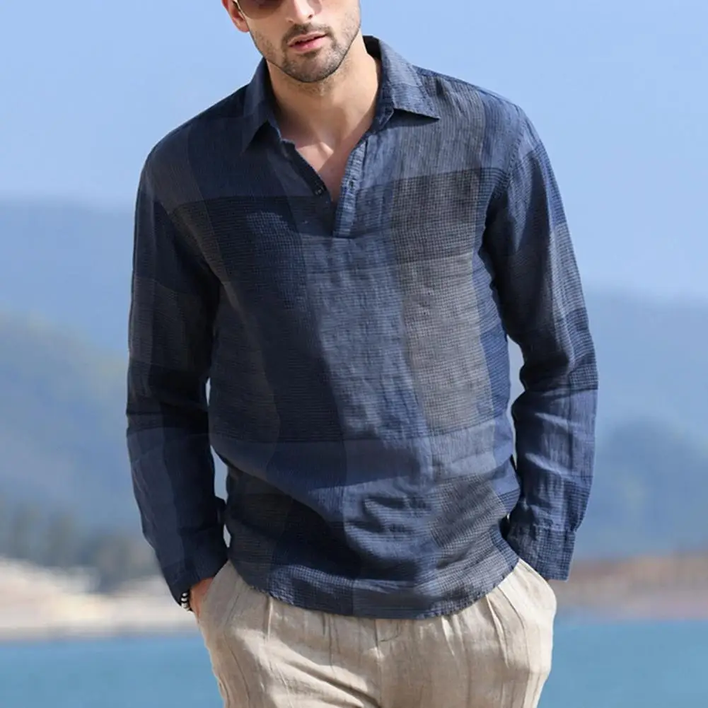 

Vintage Plaid Cotton Linen Shirts For Mens Autumn Casual Long Sleeve Turn-down Collar Button Fashion Men Shirts camisa masculina