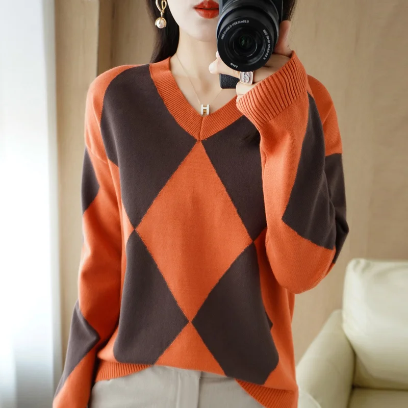 

Женский осенне-зимний шерстяной свитер, тонкий пуловер с V-образным вырезом, женское теплое Повседневное трикотажное пальто контрастных цветов со стразами