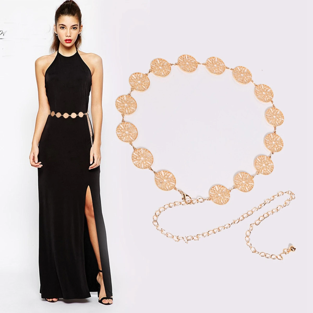 

2Pcs Fashion Metal Waist Chain With Hollowed Out Circle Decoration Waist Chain For Women's Dress Accessories