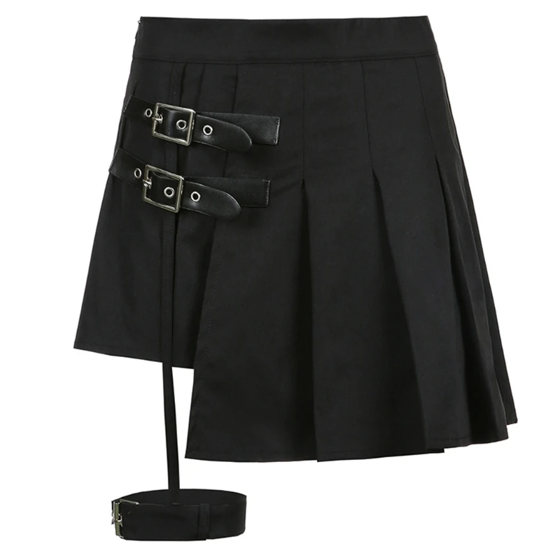 

Women Gothic Punk High Waist Pleated Black Mini Skater Skirt with Garter Thigh Ring Shorts Harajuku Buckle Belt Asymmetr