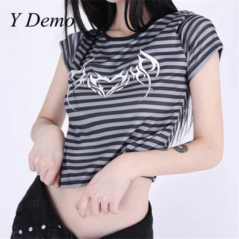 

Y Demo Harajuku Y2k Contrast Stripe O-neck Slim Women's T-Shirt Casual Short Sleeve Crop Tops 2022 Summer