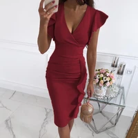 5 sizes summer elegant casual bodycon dress sexy tummy control v neck solid color ruffles short sleeve party dress for vacation