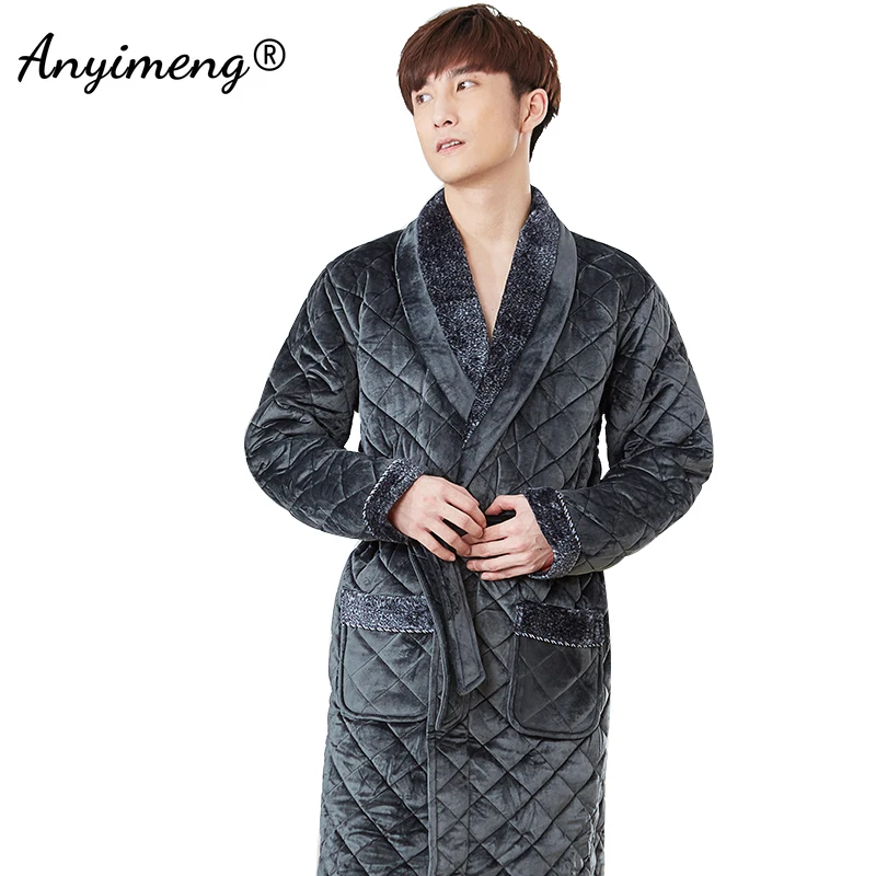 Luxury Male's Kimono Bath Robes Winter Thick Sleep Tops Home Coat Long Sleeved 3 Layer Vintage Nightgowns Flannel Robe for Men