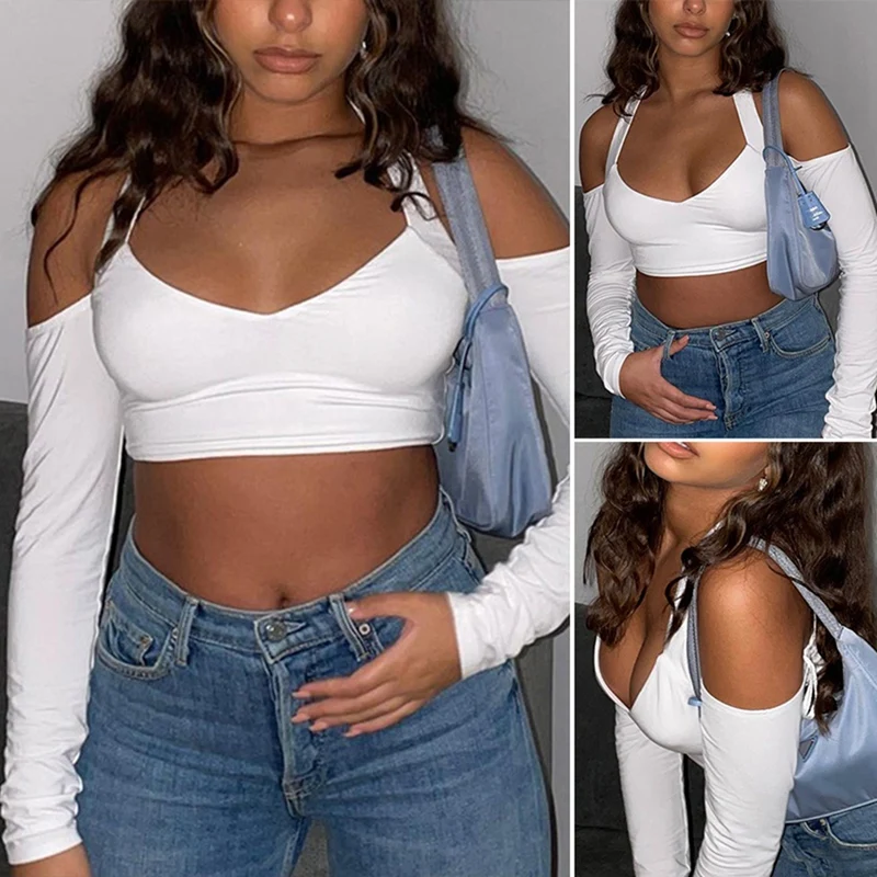 

ASDS-Women's Fashion V-Neck Halter Long Sleeve Strapless High Waist Short Top White