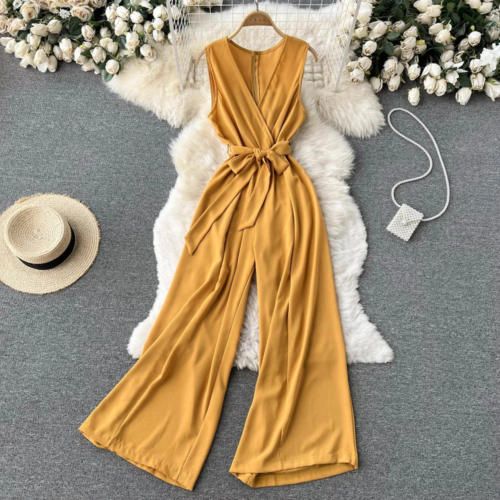 

D243 Women New Fashion Summer V-neck Sleeveless Jumpsuit High Waist Slim Solid Color Wide Leg Overalls