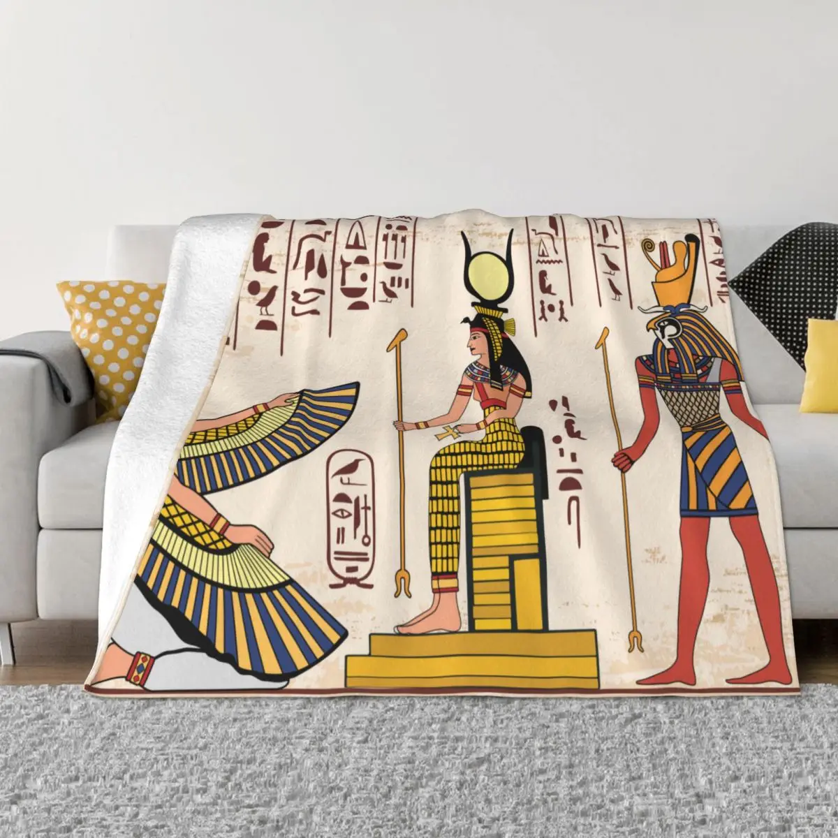 

Retro Style Ancient Egypt Knitted Blanket Fleece Egyptian Boho Tribal Lightweight Throw Blanket for Airplane Travel Bed Rug