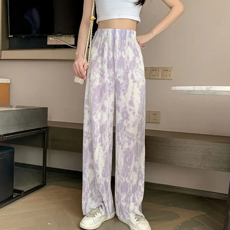 

Summer Fashion Tie Dye Long Pants Women 2022 Drape Pleated Wide Leg Pants Woman Loose High Elastic Waist Trousers Female