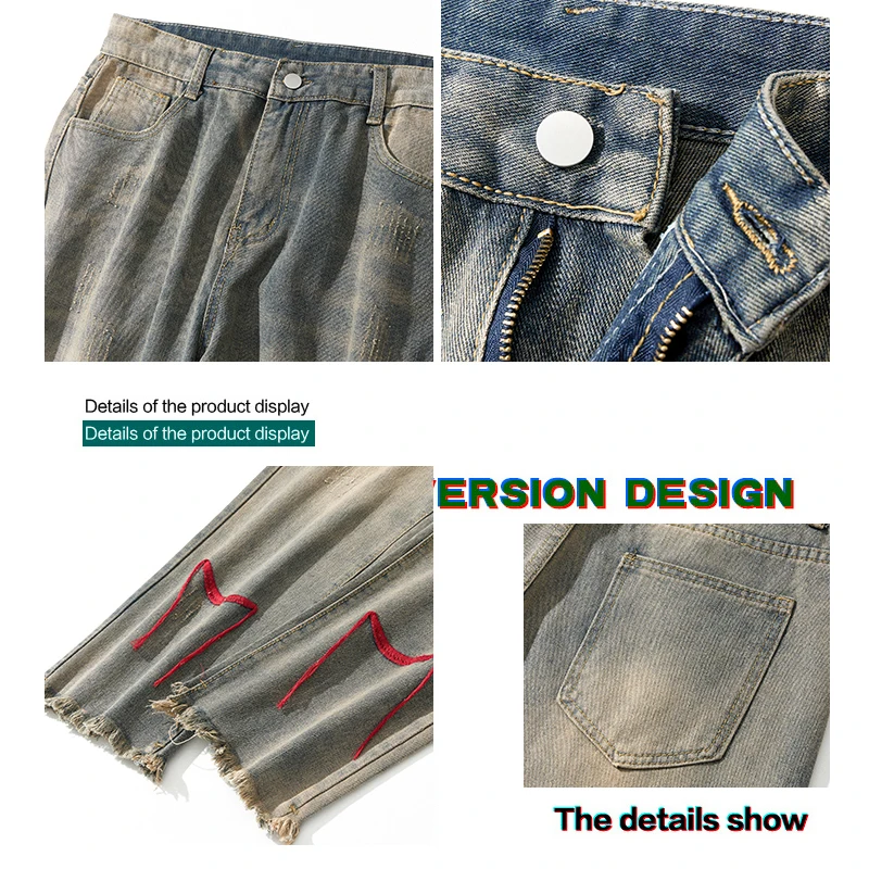 Ripped High Street Straight Leg Jeans for Men Korean Fashion Trends Streetwear Bottom Teenage Vintage Denim Pants Casual Clothes