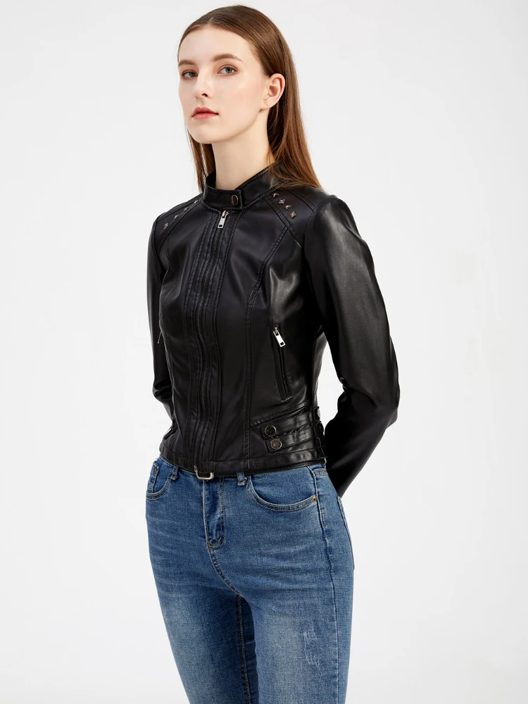 Fashion Stand Collar Long Sleeve Rivet Leather Jacket Women 2022 Autumn New Casual Zipper Short Jackets High Street PU Thin Coat