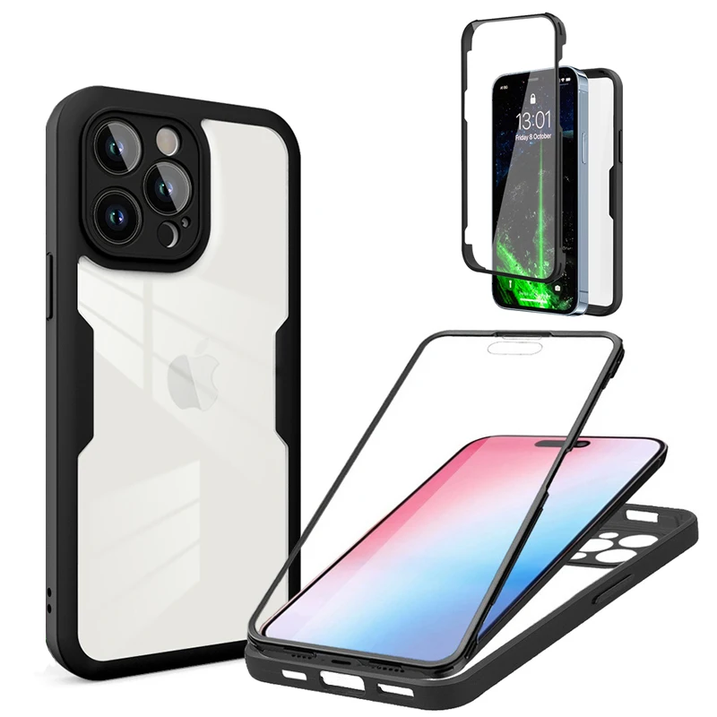 Чехол с полным покрытием 360 градусов для iPhone 15 14 13 Pro Max 11 12 Pro 14 Plus XR XS X 7 8 Plus, двухсторонний противоударный мягкий прозрачный чехол
