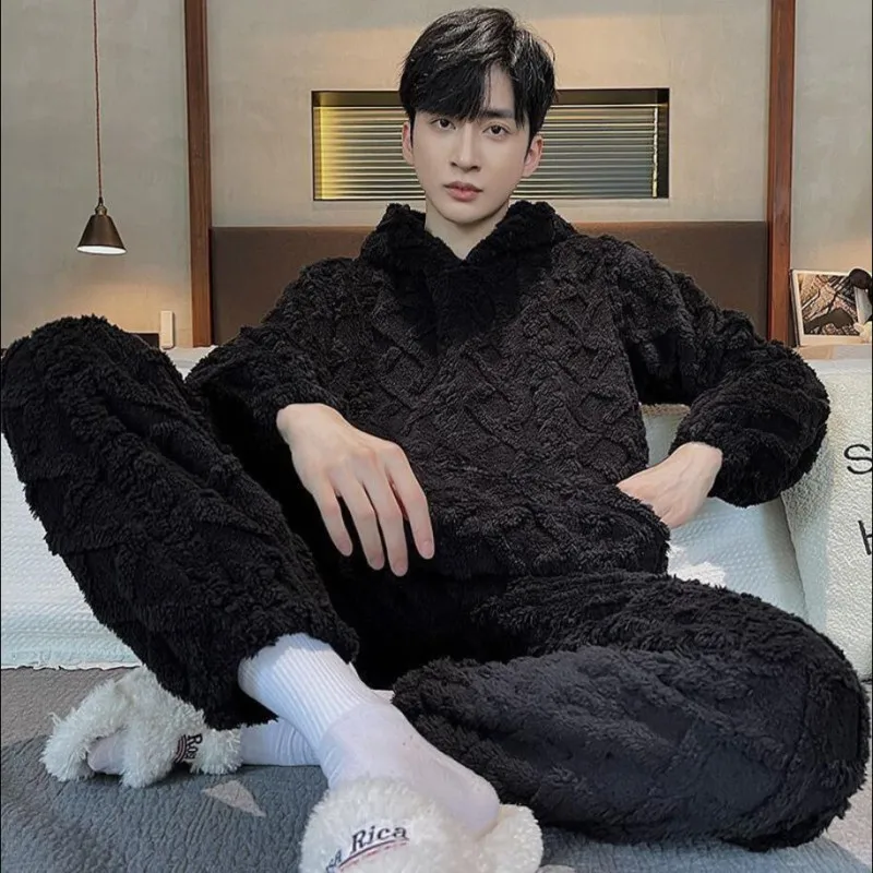 Men's Pajama Suit 2022 Winter Fashion High-end Hooded Warm Flannel Sleepwear Homewear Male Loose Pijamas Trousers Two-piece Set